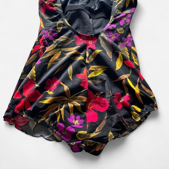 Vintage black 80s floral tropical ruffle skirt one piece swimsuit size 14 Large - Picture 6 of 8